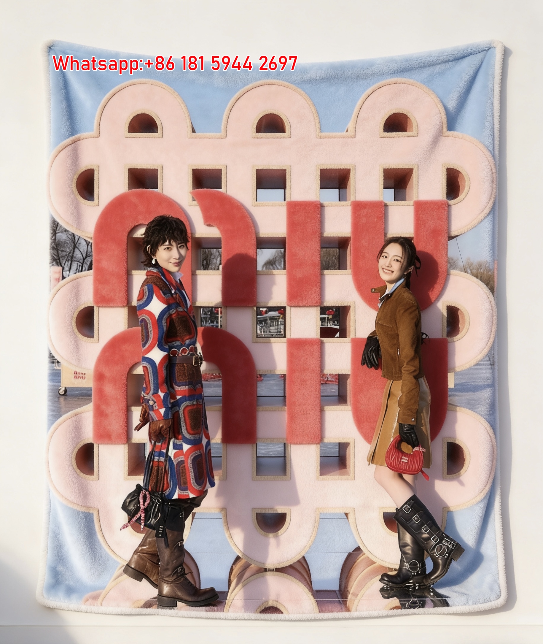 Miu Miu Chinese New Year Print Flannel Throw Blanket Pink Red and Blue Color Block with Giant Logo Installation Winter Outdoor Scene IMG_0433